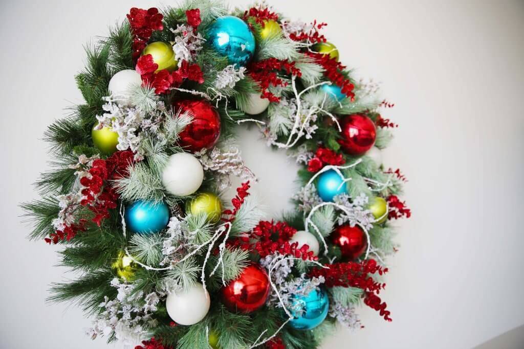 Christmas wreath decorated with ornaments.